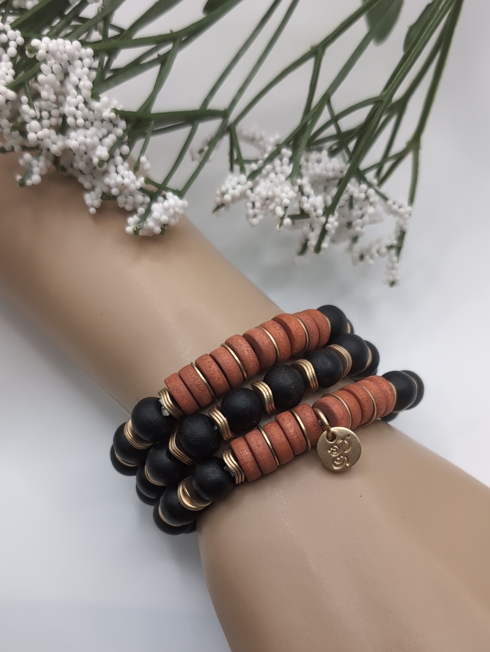Plunder Stacked Black and Terracotta Beaded Stretch Bracelet Set with Gold Charm